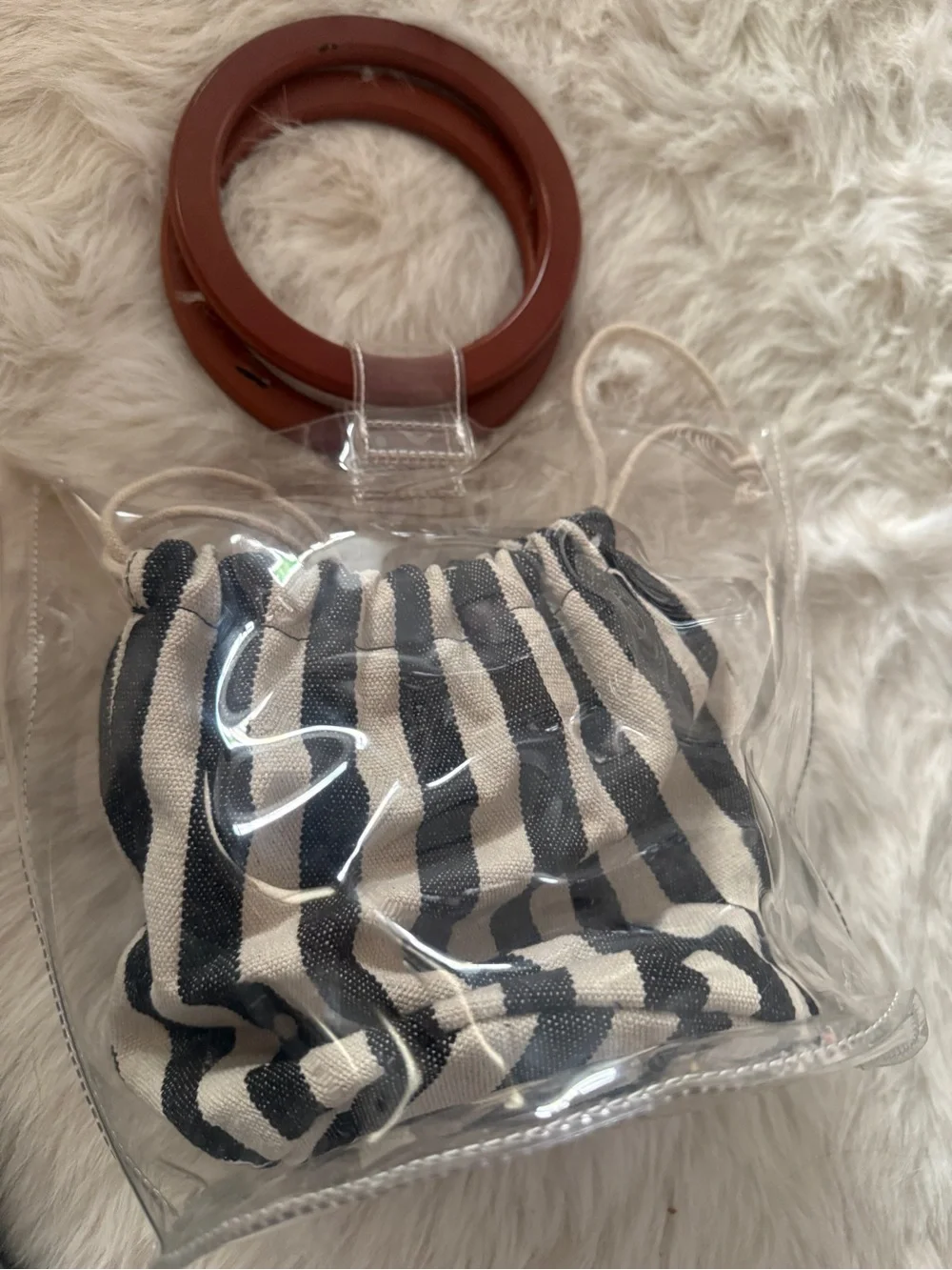 Clear Tote Bag with Black & White Striped Canvas Pouch Forever21 NWT